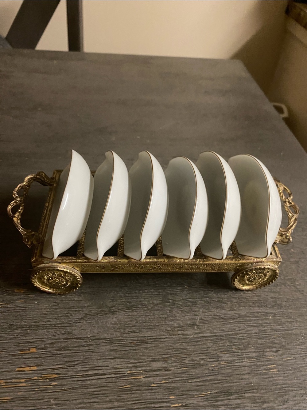 Vintage Ornate Gold Toast Rack with Porcelain Slots